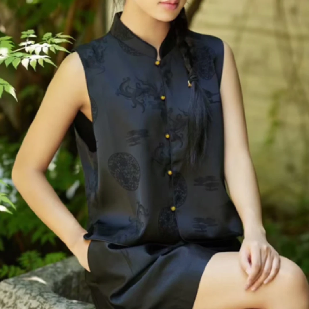 设计师复古网红丝毛马甲中国风新中式无袖百搭时尚上衣黑色夏季