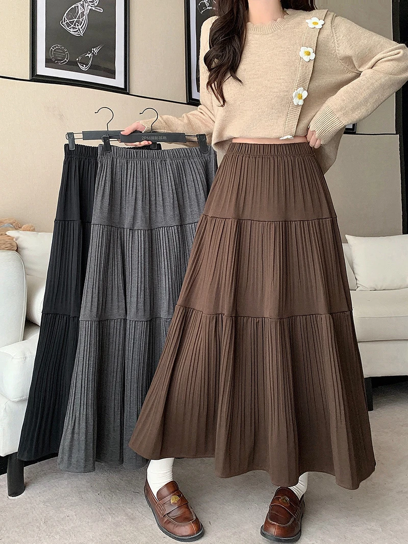 2025秋季新款胖mm大码女复古百搭设计感压褶高腰半身裙23288