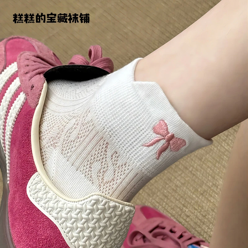 夏季穿搭韩代ins风甜美后跟蝴蝶结刺绣透气镂空小短袜无骨袜子女