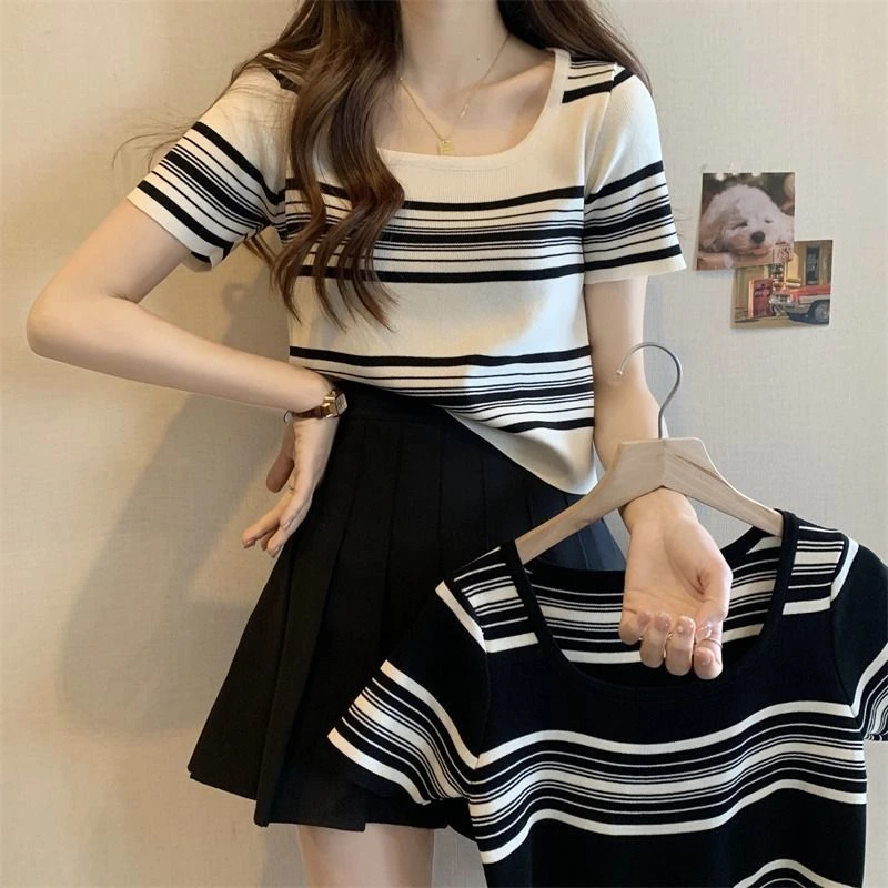 2025新款正肩方领针织冰丝T恤女夏季新款设计感条纹上衣韩版