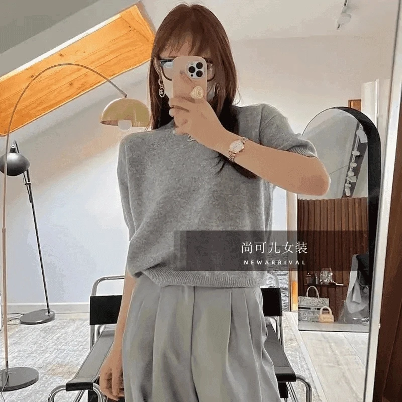 【软糯亲肤.】春夏48支精纺针织薄款女士韩版圆领短袖软糯亲肤简约