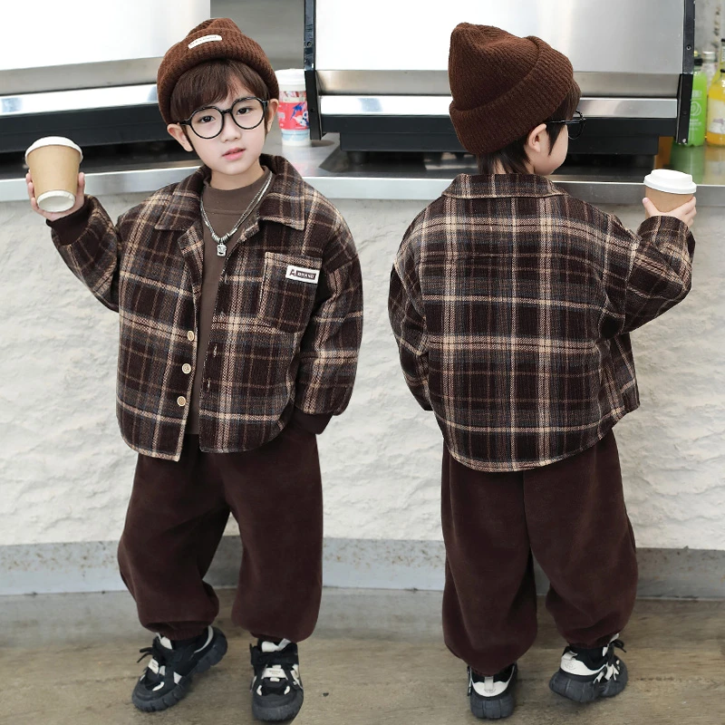 男童加绒夹棉格子套装2025新款韩版痞帅宝宝冬季三件套洋气时尚款