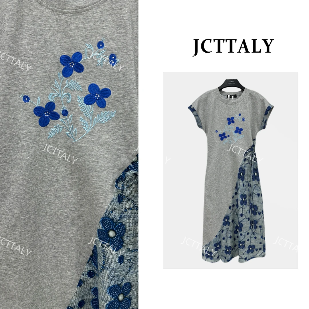 【Linda】【18】拼接莫兰迪刺绣韩版女装轻奢修身短袖连衣裙NH-A199