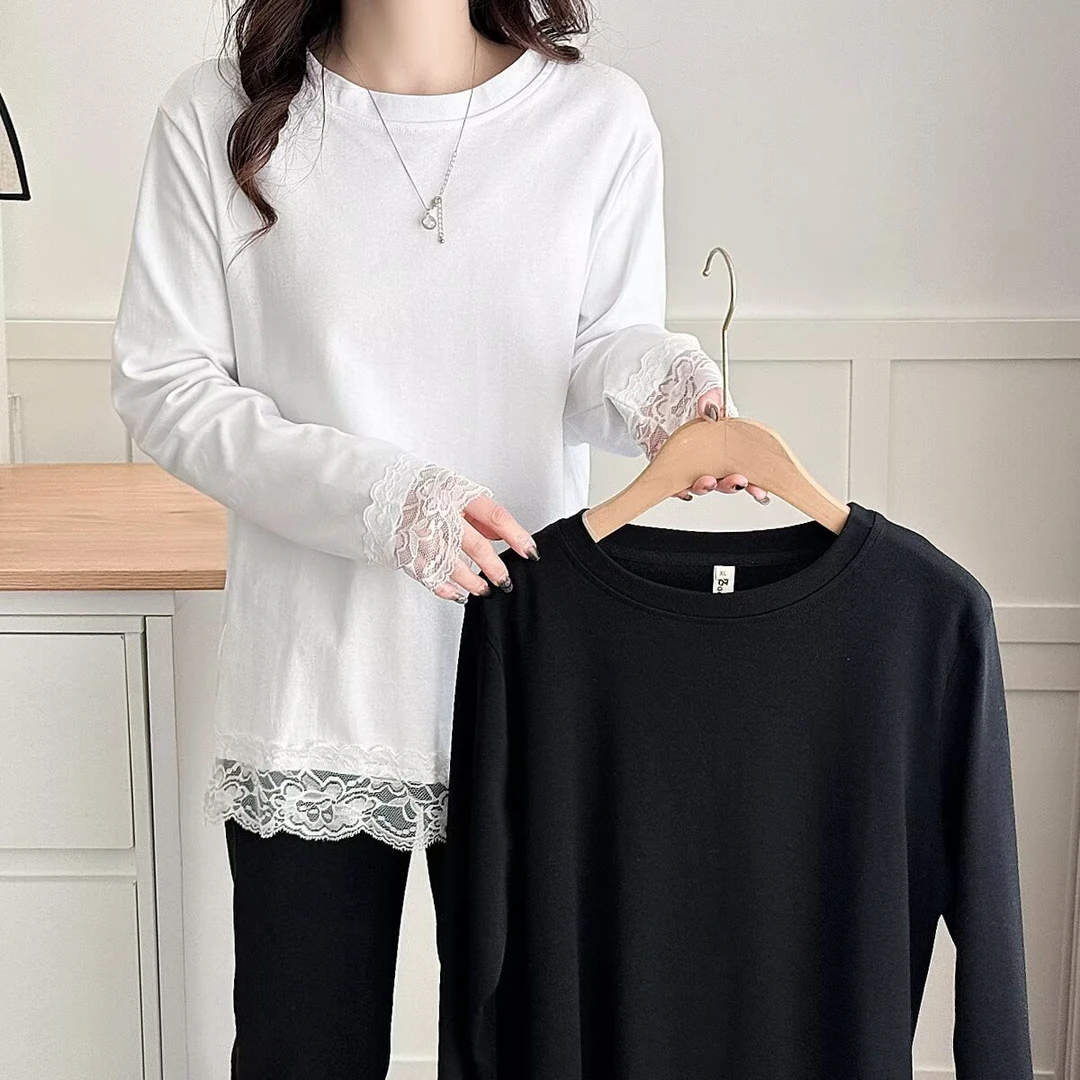ZZ春季大码新款蕾丝拼接长袖T恤女设计感打底上衣