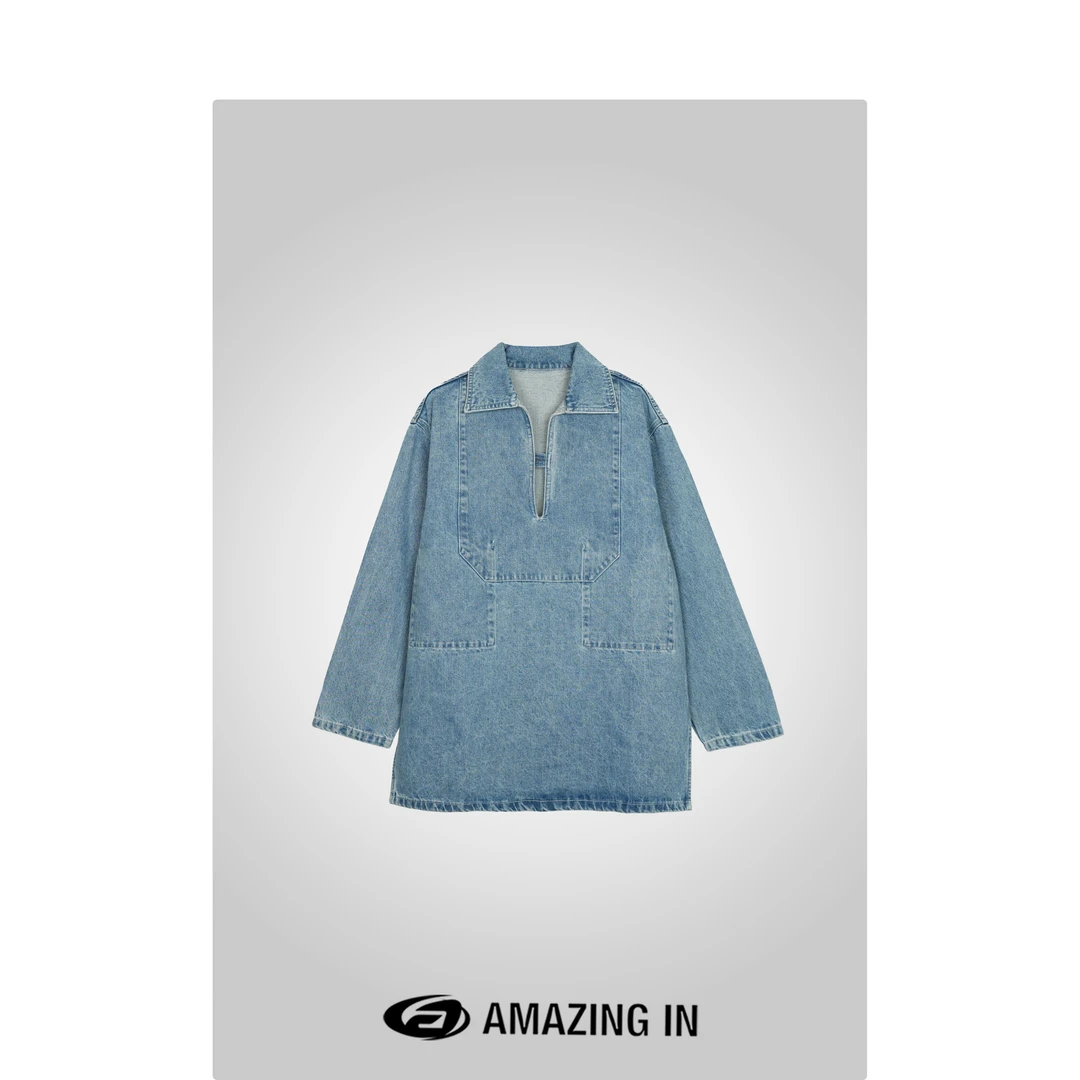 AMAZING IN | 1oo%棉 | 宽松V领缝线牛仔上衣A240909-NYDZ-D9196