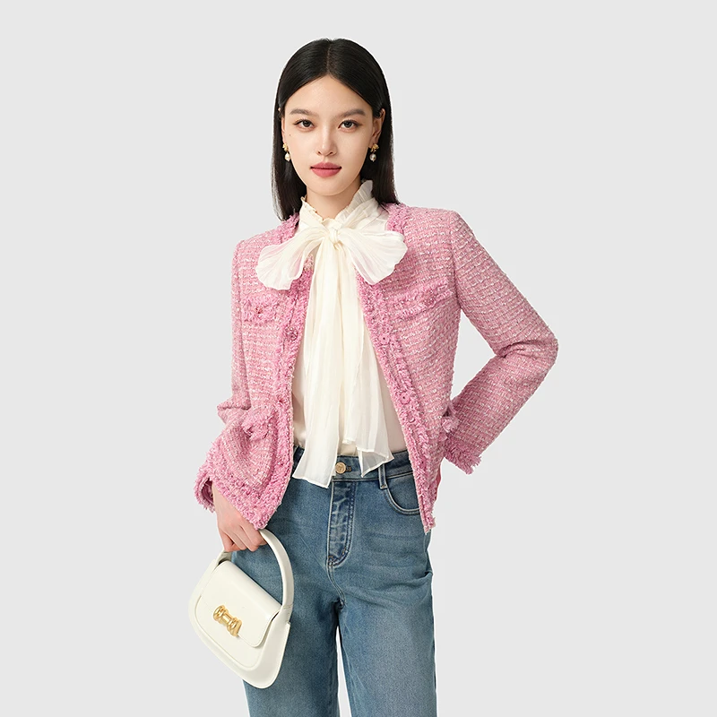 【商场同款】芭蒂娜小香风短外套女冬季粉色粗花呢大衣144E086