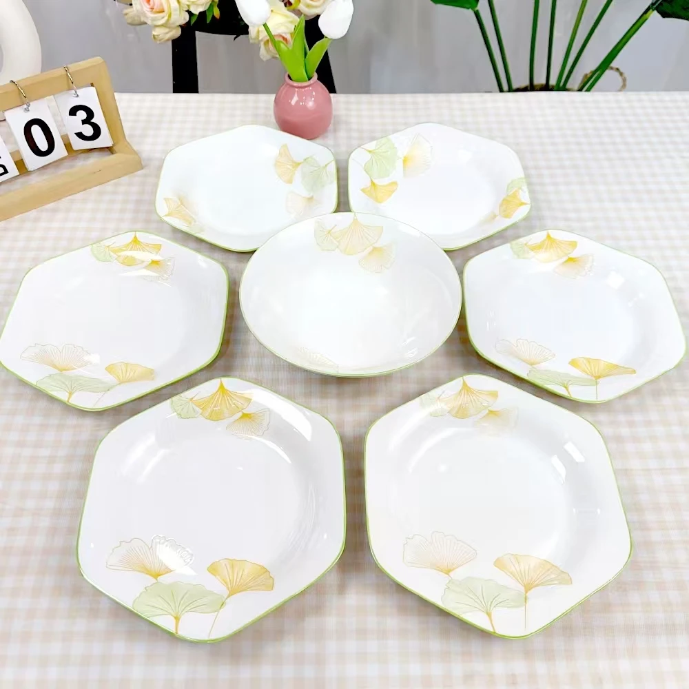 新款简约家用陶瓷盘子银杏叶7件套异型6角盘+面碗组合餐具釉下彩