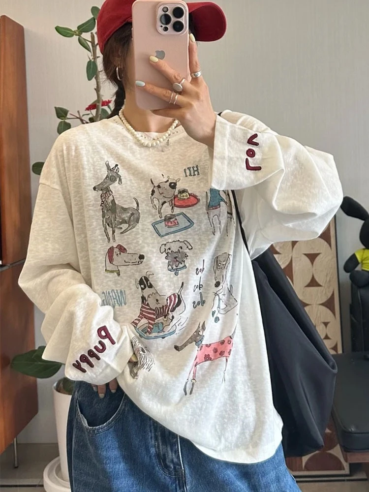 2025夏季新款长袖T恤女韩版涂鸦动物字母印花宽松舒适防晒上衣潮