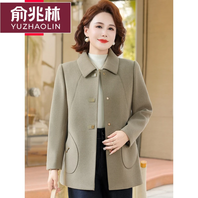 俞兆林妈妈秋装双面呢外套中长款毛呢大衣多岁中老年女装春秋呢子