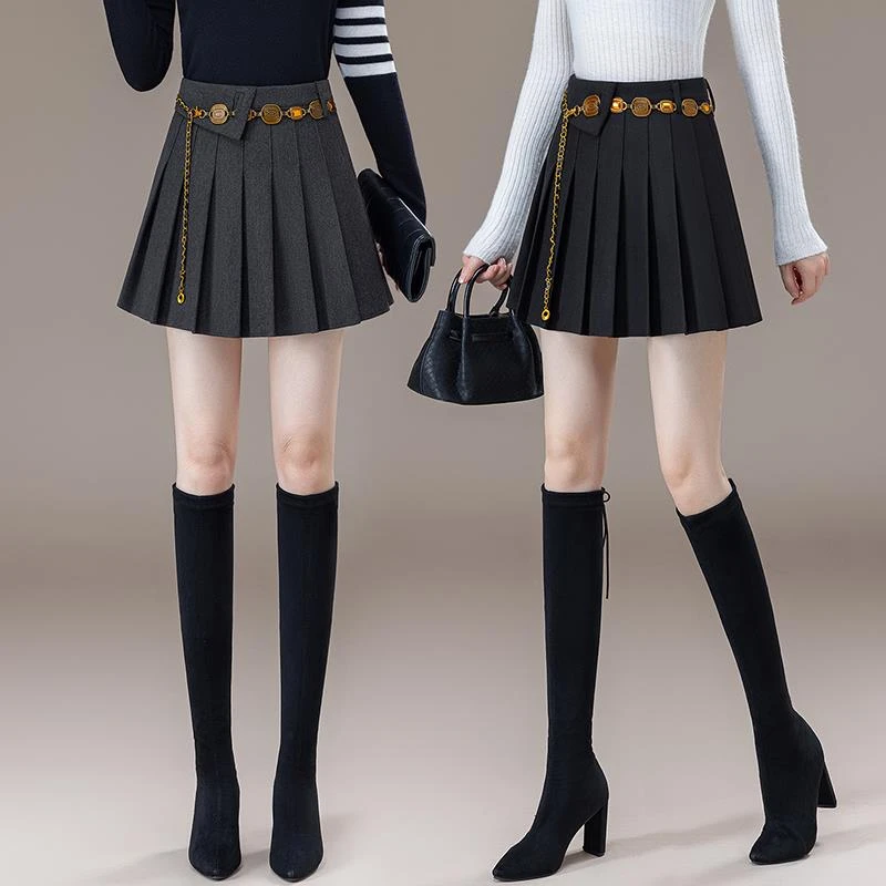 覆古毛呢百褶裙女短裙搭配大衣半身裙秋冬2025高腰a字裙西装裙子