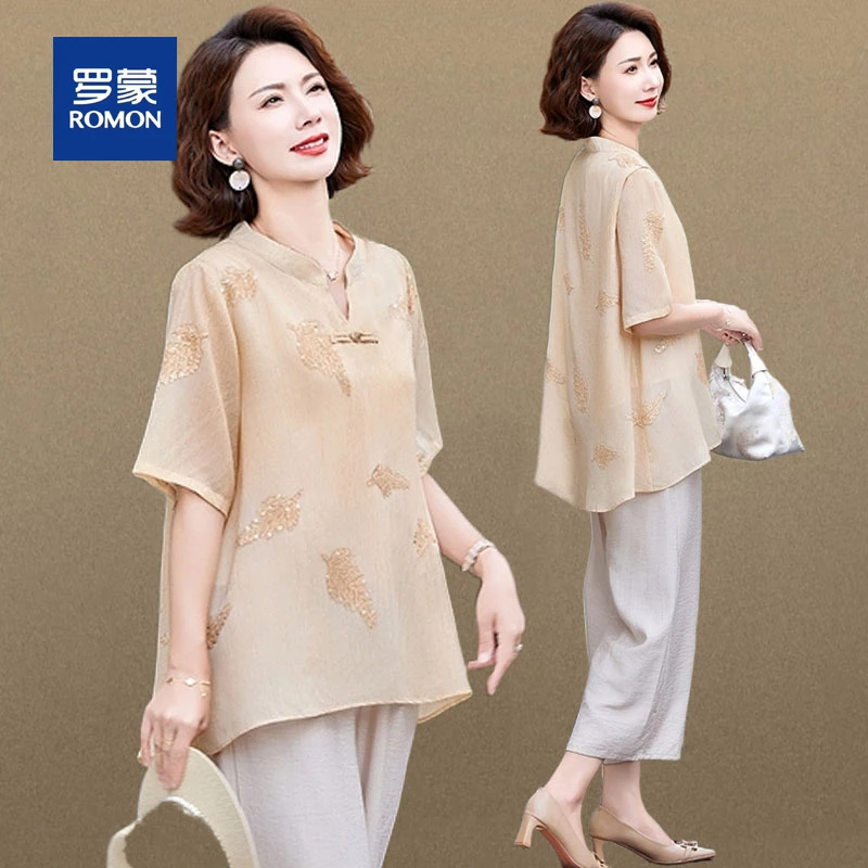 罗蒙妈妈装夏季新款国风上衣洋气T恤衬衫中老年女装宽松小衫套装