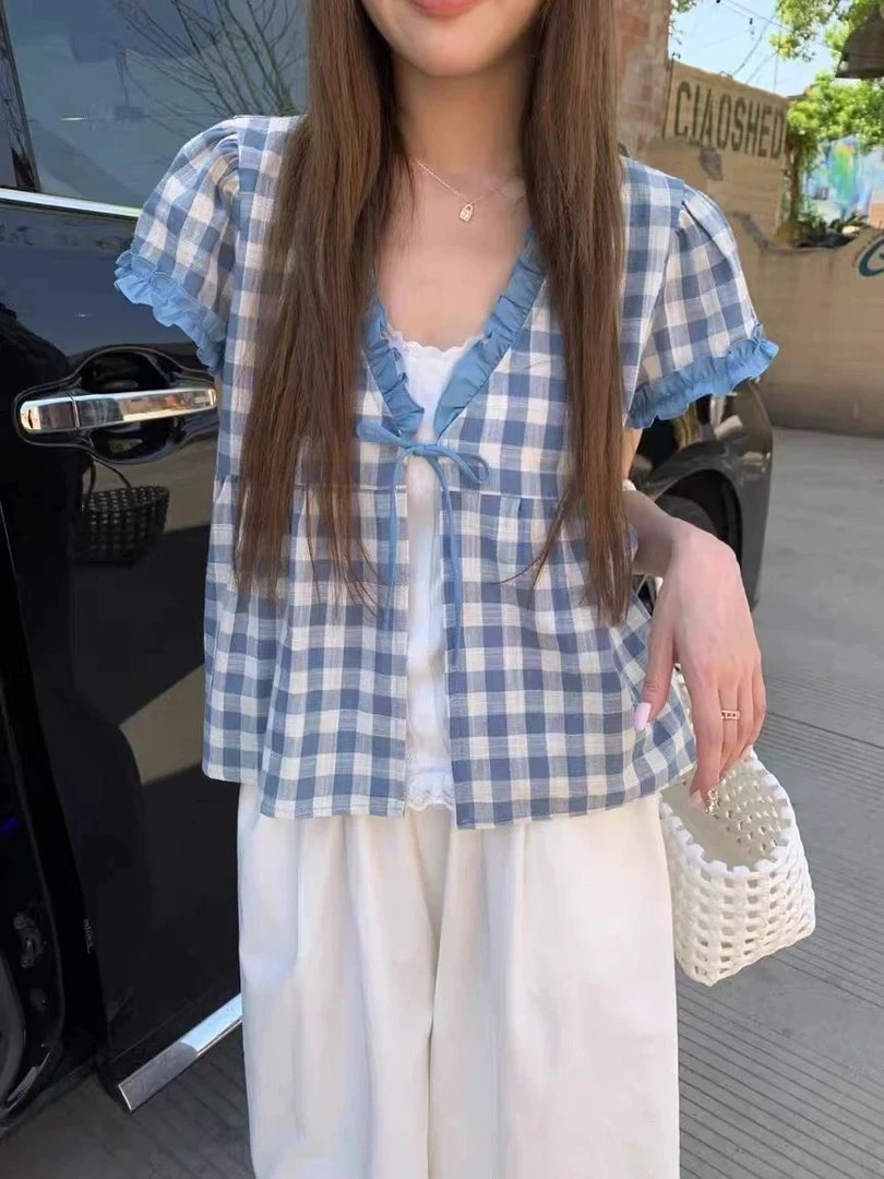 韩系2025夏季复古格子假两件飞飞袖蕾丝边V领娃娃衫显瘦开衫上衣