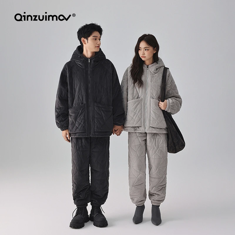 亲嘴猫海岛绒情侣夹棉睡衣女冬季三层加厚男士套装家居服时尚外穿