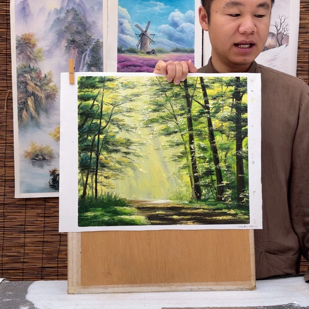 油画行路人小院绘画作品