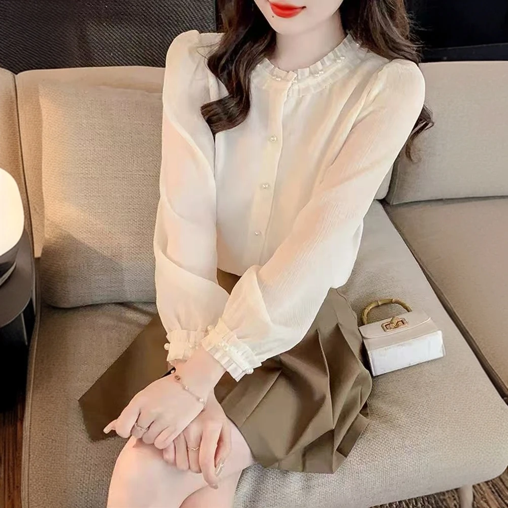法式重工钉珠圆领衬衫女2025春季新款别致设计感小众长袖上衣