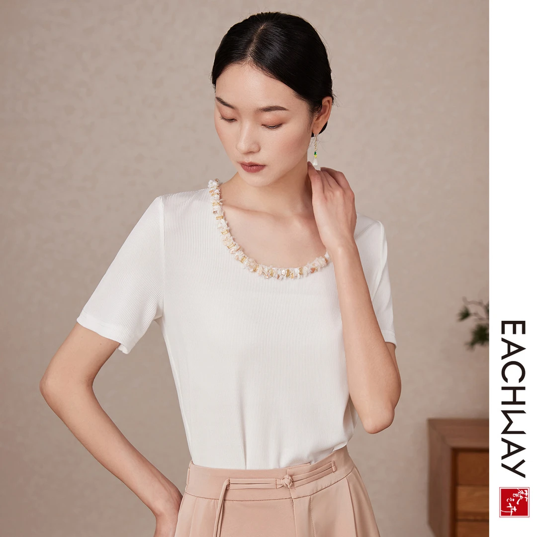 艺之卉【醋酸面料】手工缝制亮片细节感针织衫夏季薄款短袖女