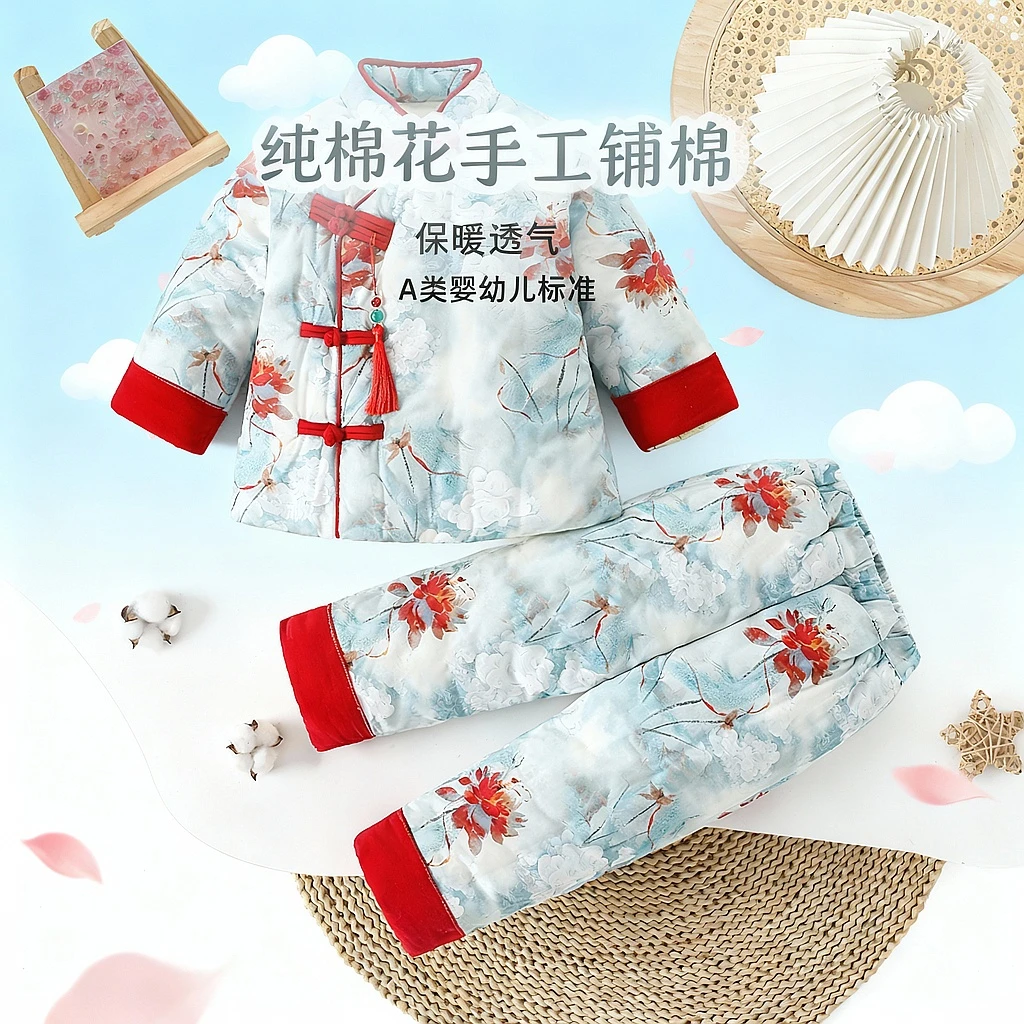 2025新款宝宝手工棉衣婴儿棉花棉袄套装男女童棉衣加厚纯棉花棉裤