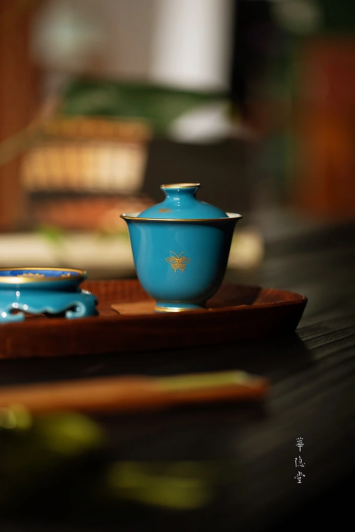 华隐堂海空蓝百合盖碗 口径：7.8cm，高：6.3cm，容量：110cc