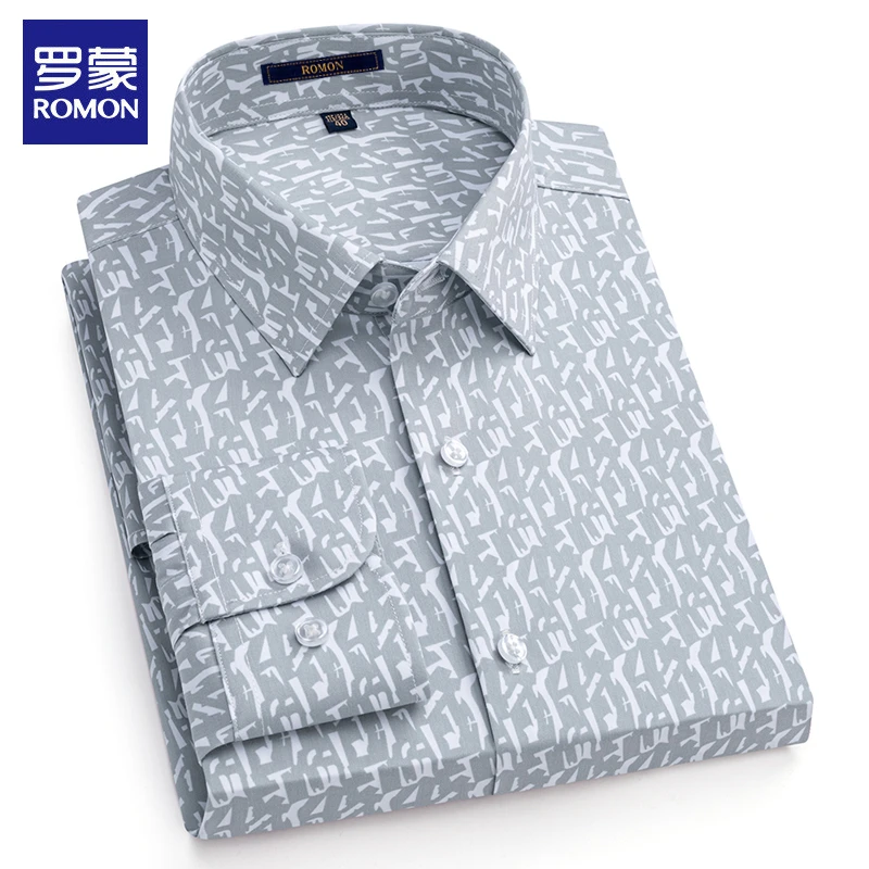 罗蒙高档免烫印花衬衫男士春秋新款休闲长袖衬衣抗皱商务男装外套