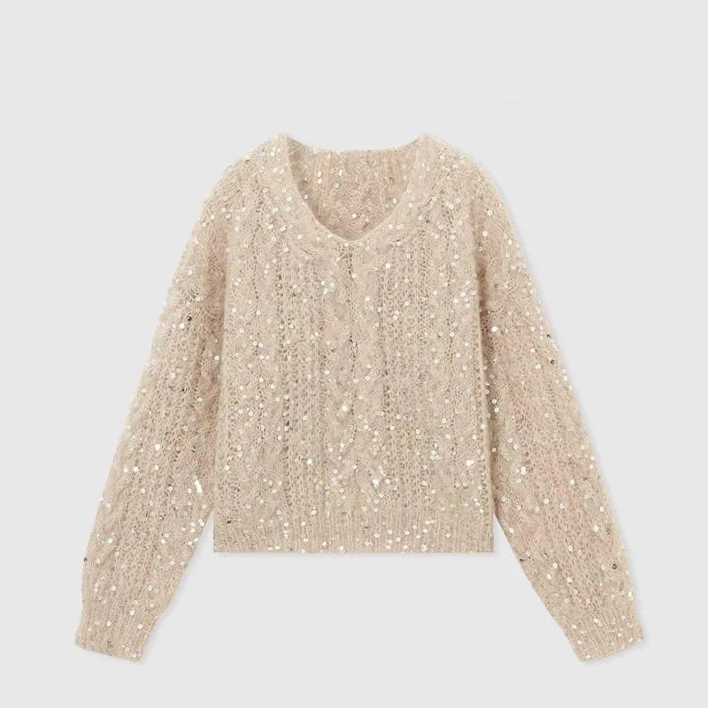 A重工亮片针织衫上衣宽松慵懒风简约高级感秋冬新款长袖V领毛衣女