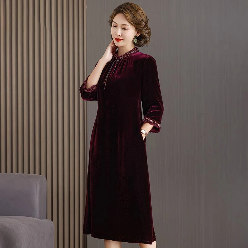 大码真品金丝绒连衣裙女高贵洋气桑蚕丝气质正品妈妈丝绒新款婚礼