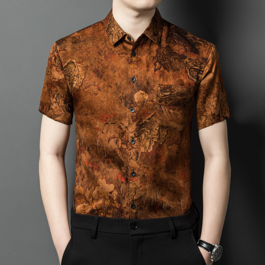 香云纱短袖衬衫男士翻领100%桑蚕丝爸爸装中式唐装中年真丝衬衣男