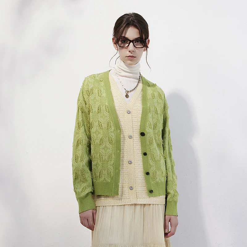 MSLAN【商场同款】新款无压感时尚气质针织提花开衫外套女 MFAN2304