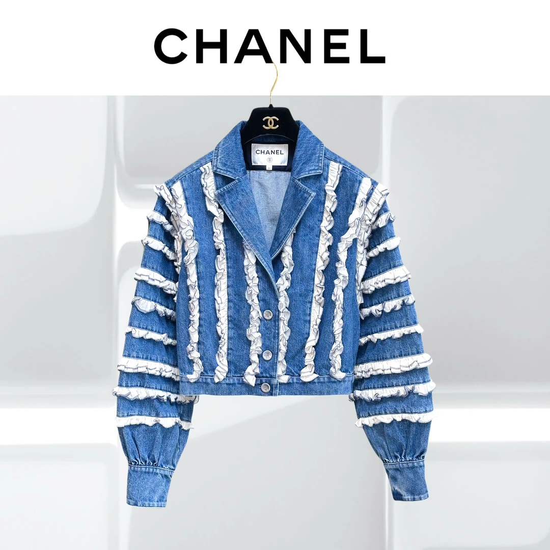 99新 Chanel/香奈儿 34码20S屋顶系列蓝色蕾丝花边牛仔外套