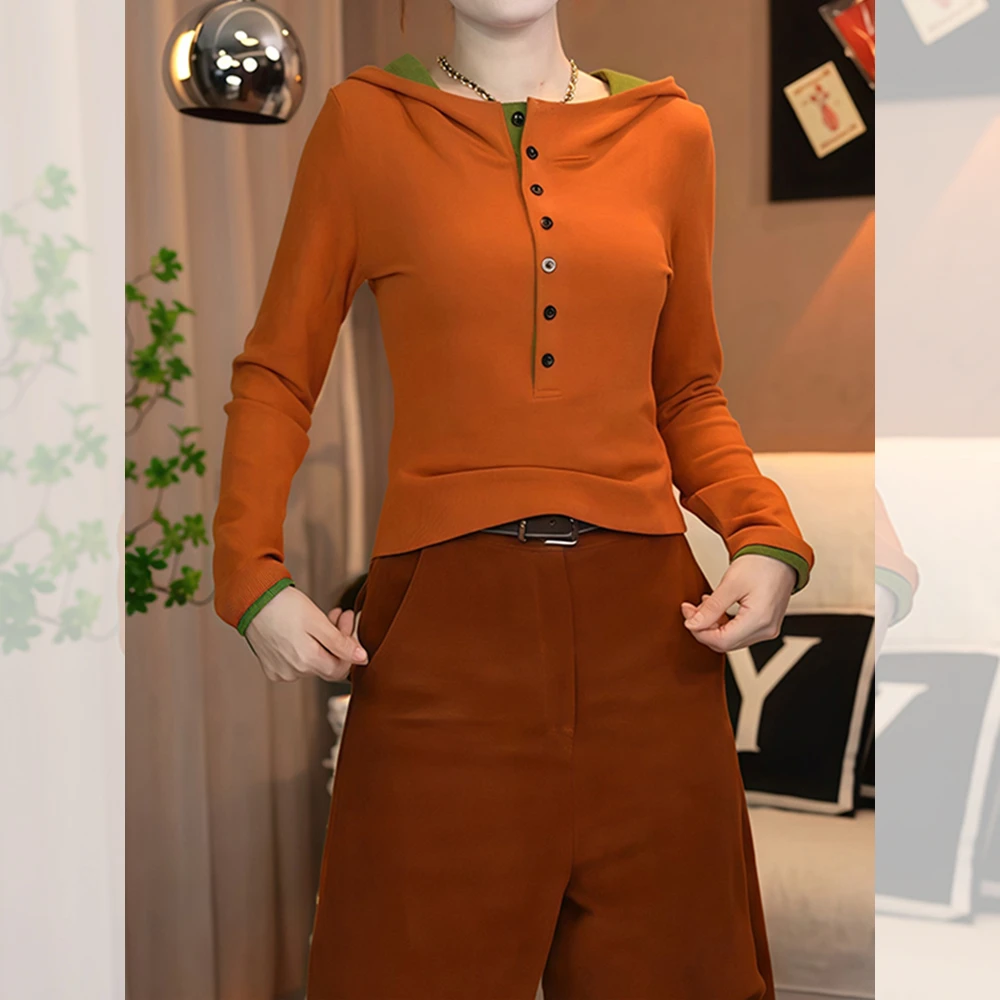 大码女装时尚洋气减龄上衣秋冬韩系设计感撞色双面绒连帽长袖T恤