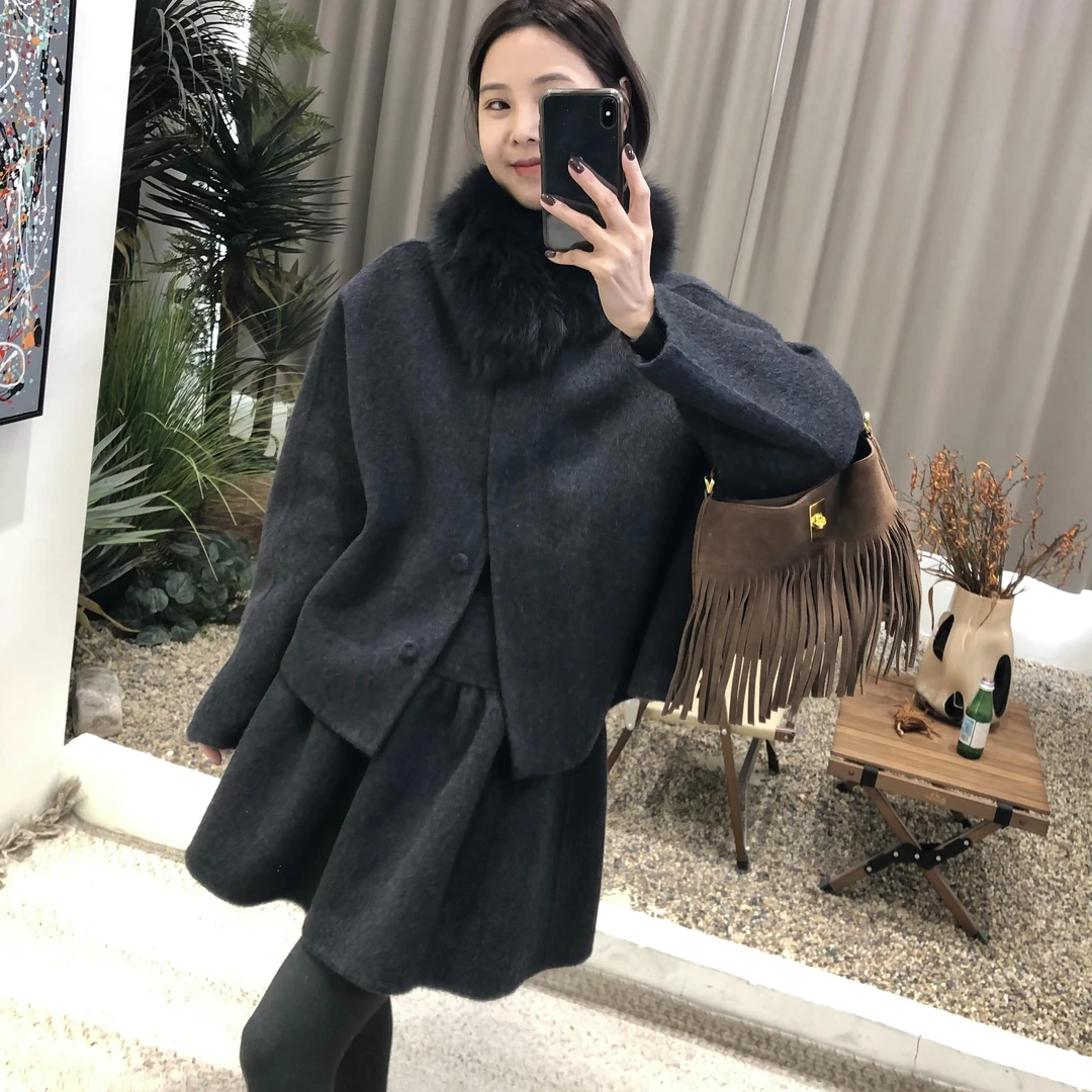 韩系俏皮双面羊毛外套+时尚气质百搭A字裙羊毛群狐狸毛毛领三件套