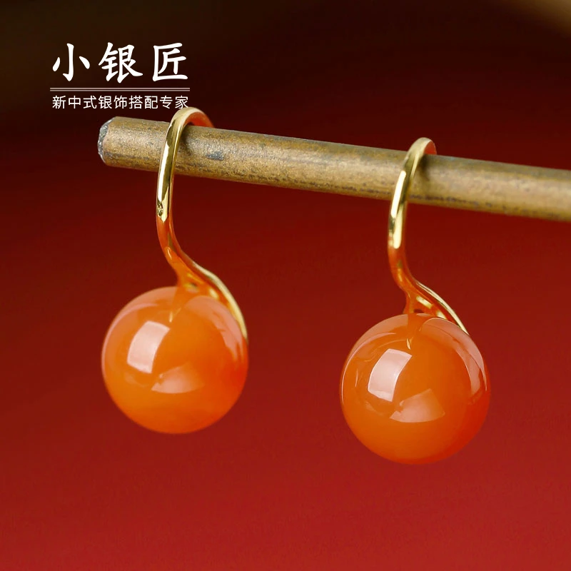 小银匠S925银玛瑙耳环女简单时尚圆红色樱桃国潮风耳扣耳饰新中式