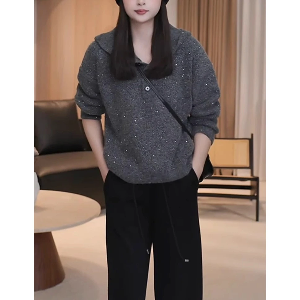 设计感时尚亮片连帽毛衣女春秋季新款显瘦洋气减龄百搭针织衫8093