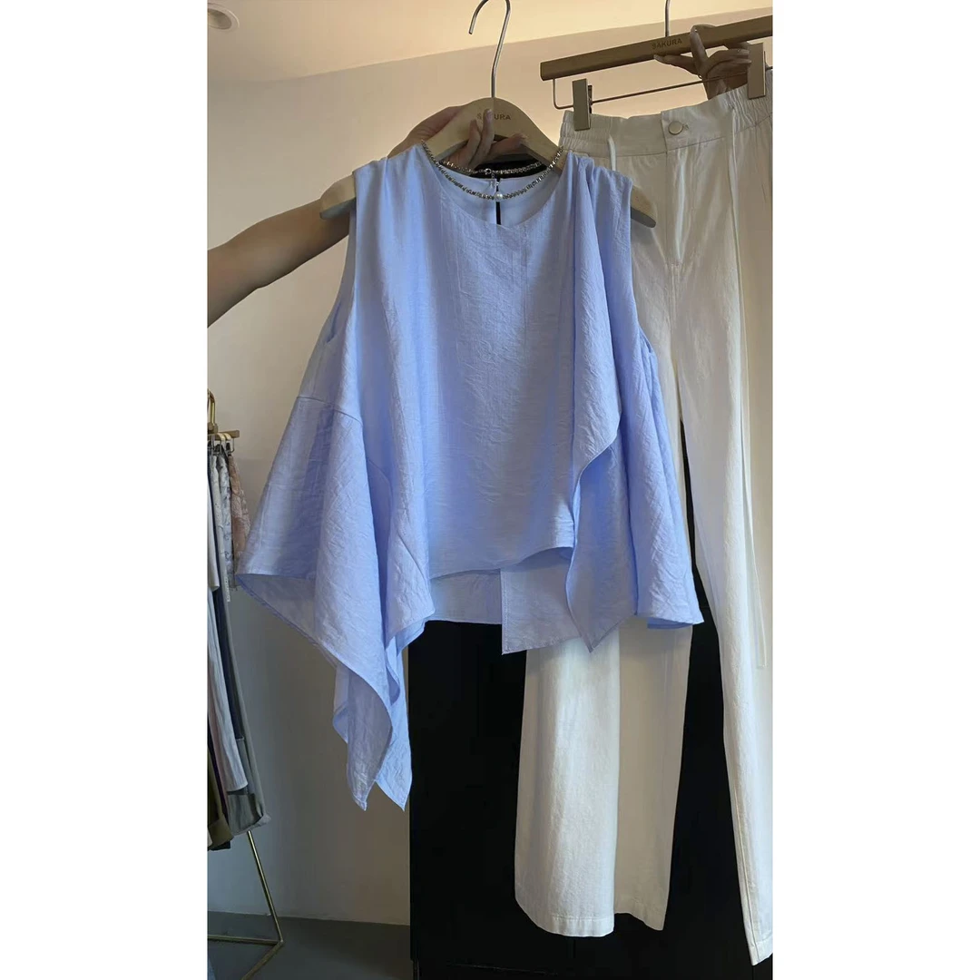 璎婲sᴀᴋᴜʀᴀ【晴夏海风】媛原创小众不规则荷叶边飘带甜美无袖衬衫