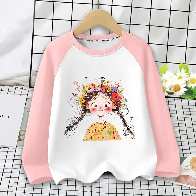 儿童春秋款撞色纯棉长袖T恤童装女童可爱卡通印花圆领休闲上衣