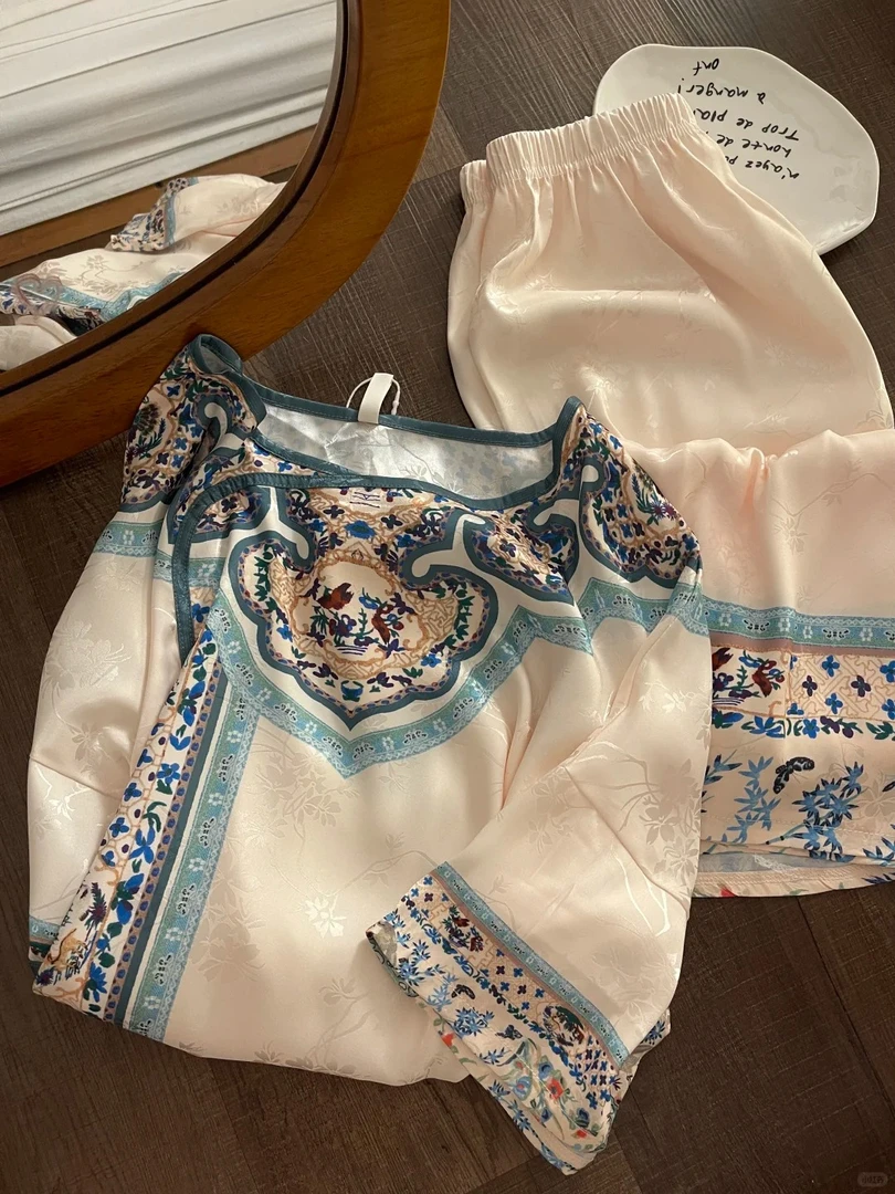 国风銮金汉服睡衣女夏季古风短袖宫廷风格格长裤套装大码家居服