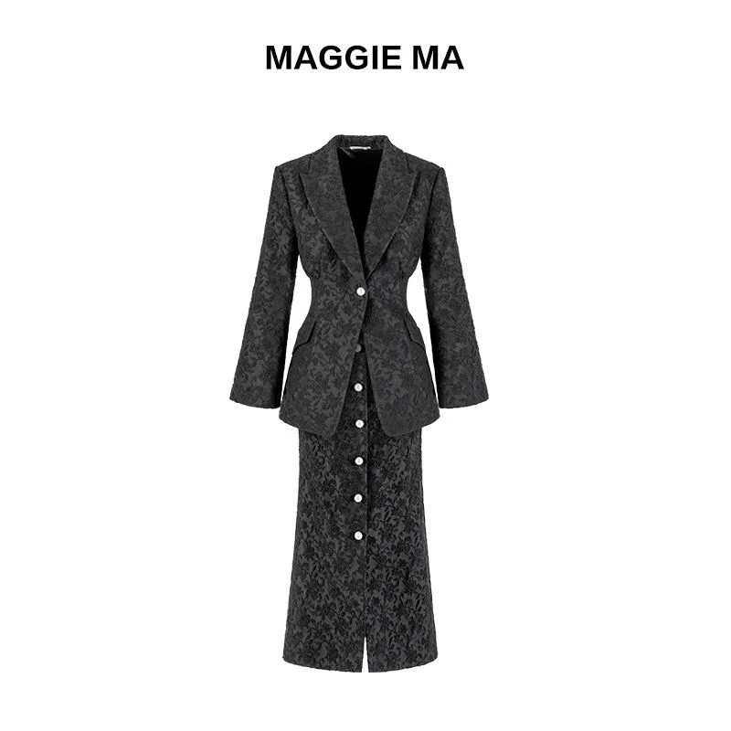 MAGGIE MA马婧设计师款黑色复古高雅珍珠刺绣套装裙936C/935B