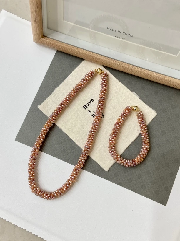 X028  绮光密语  天然淡水无核珍珠法式复古编织毛毛虫S925银套装