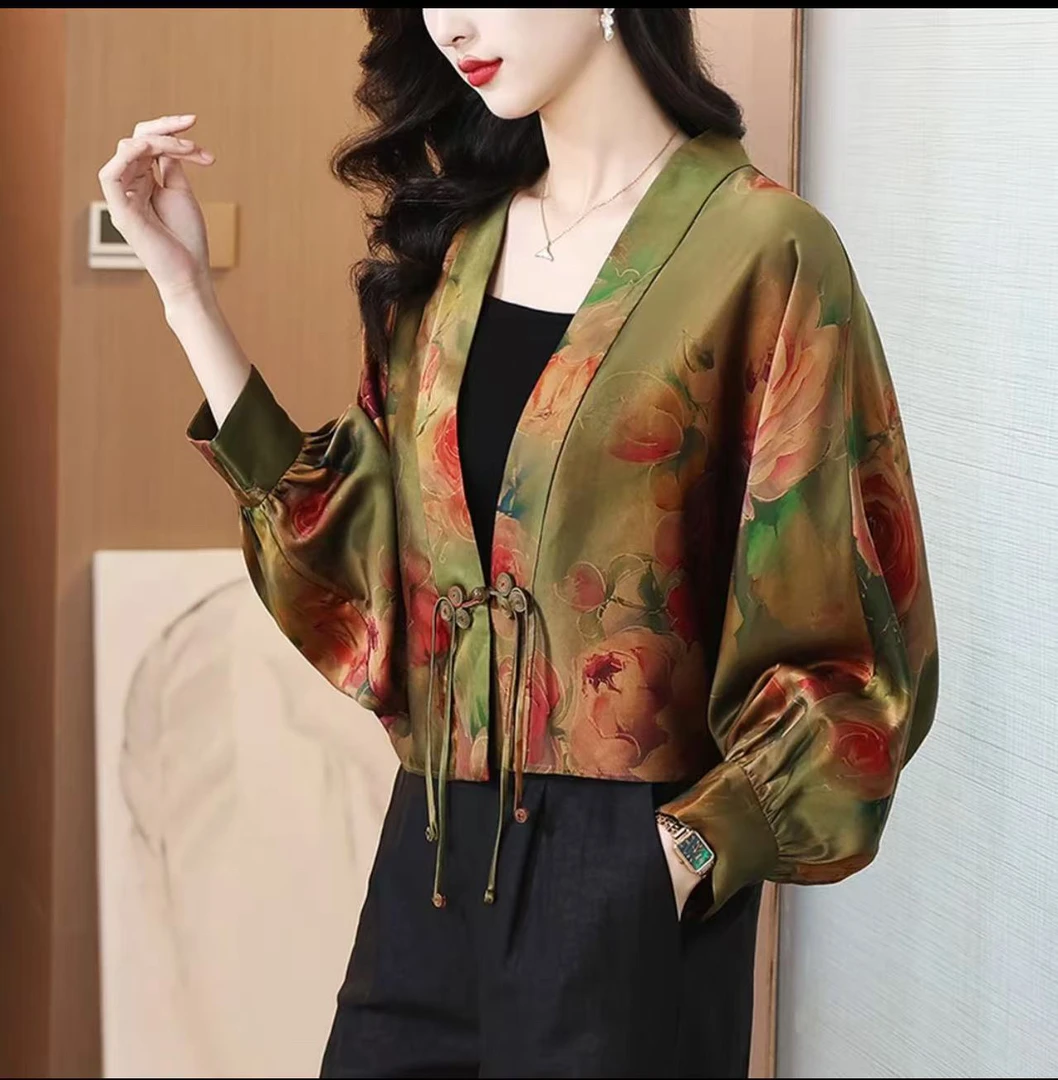 新中式国风印花香云缎短外套女2025春秋季新款宽松气质显瘦上衣