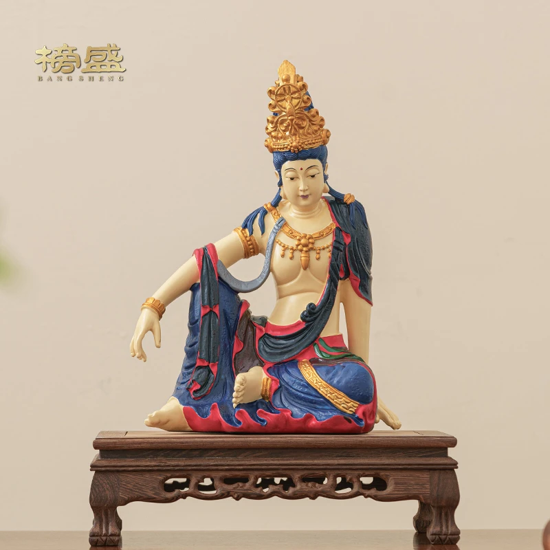 中式水月自在观音茶室茶空间装饰树脂彩绘禅意客厅玄关古风摆件