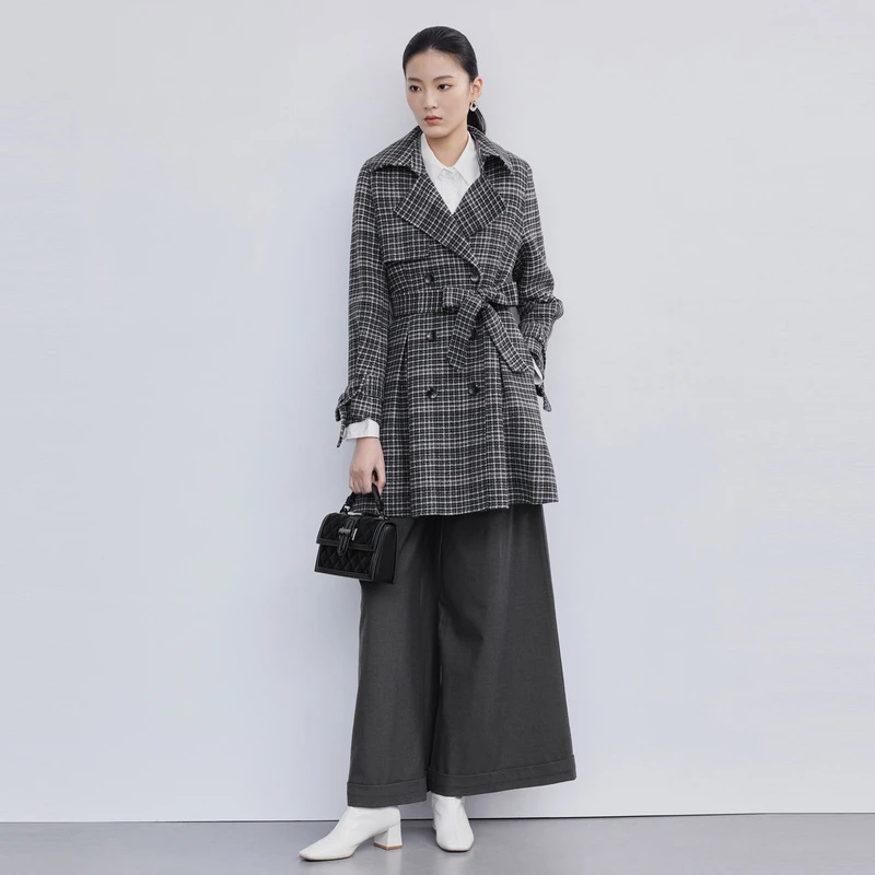 【粉丝专享】圣迪奥时尚气质显瘦翻领收腰格纹毛呢大衣S224Z2505