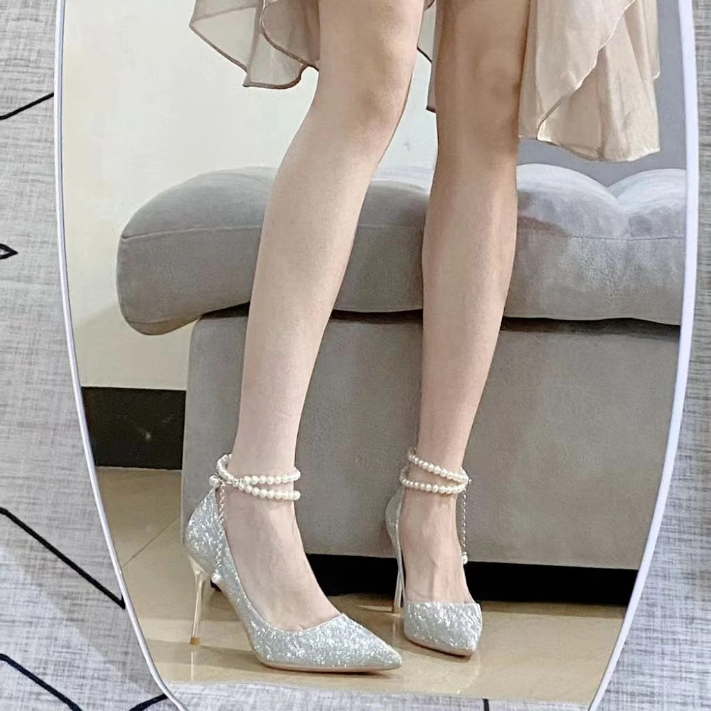 【首单直降】银色高跟鞋女伴娘珍珠18成人礼尖头水晶新娘单鞋婚鞋