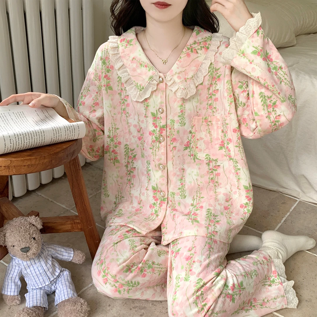 睡衣女秋冬季大码空气棉夹层可外穿25新款开衫粉花套装冬天家居服
