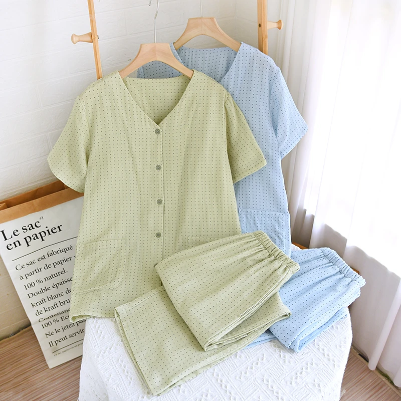 新款短袖九分裤夏季女士纯棉睡衣睡衣双层棉纱柔软透气吸汗家居服