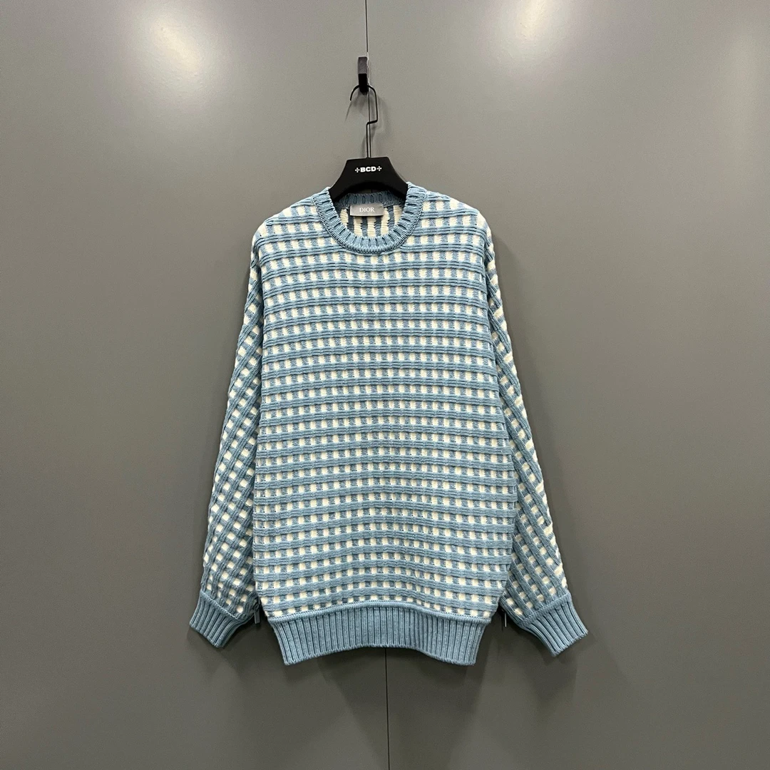 95新 DIOR/迪奥 迪奥 格子拼色圆领针织毛衣 S码/98新