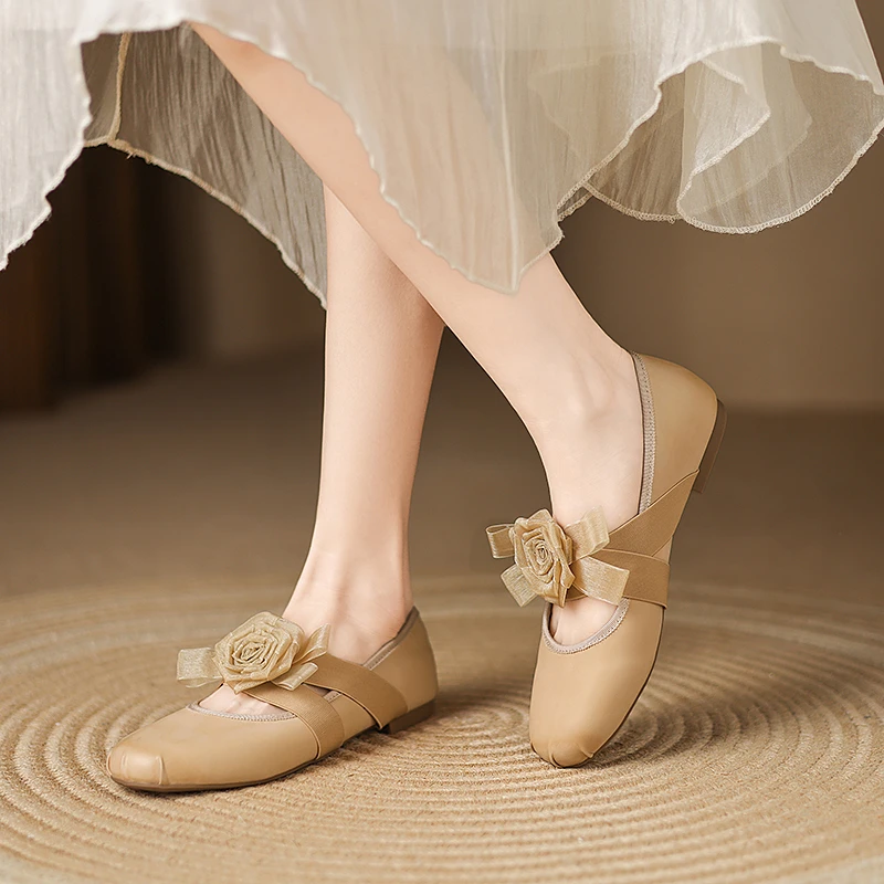 甜美复古风立体山茶花真皮平底芭蕾舞鞋春夏新款LF620杏色