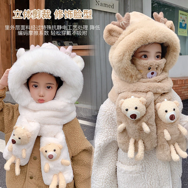 儿童鹿角帽子冬季女童保暖三件套围巾手套一体宝宝可爱加厚护耳