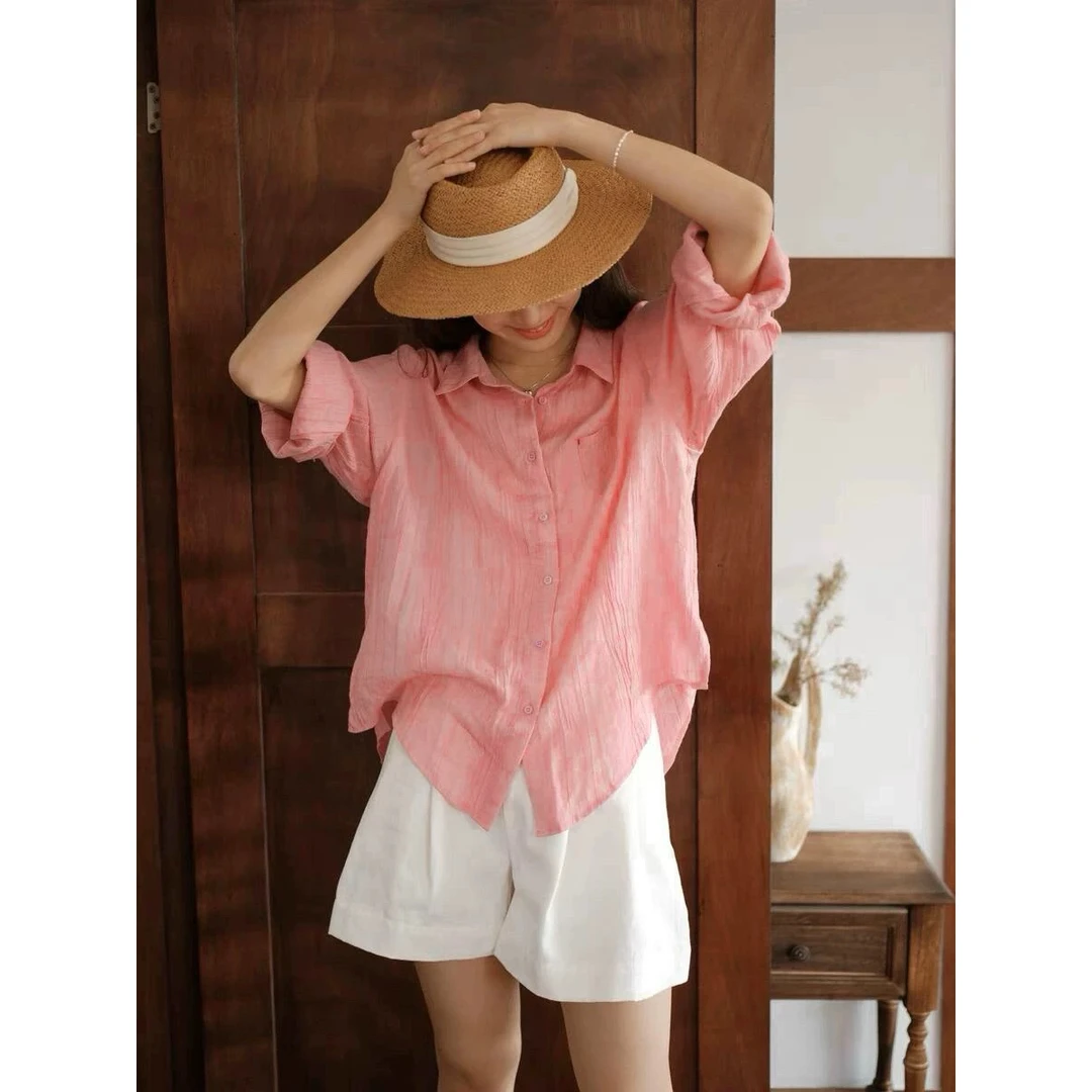 玫瑰粉高奢系列夏季新款苎麻女士温柔粉苎麻轻薄防晒衬衫