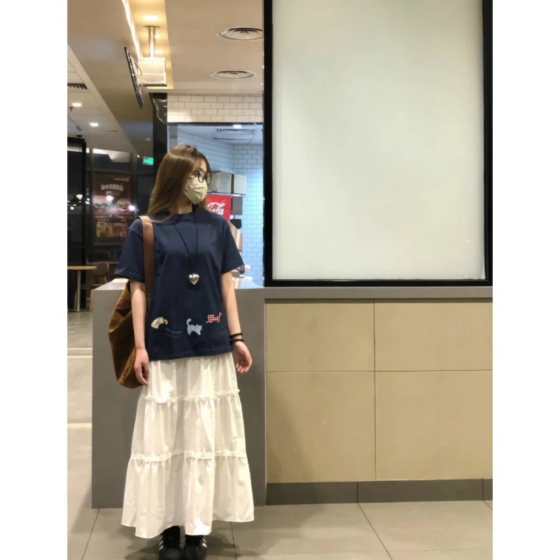 纯棉新款百搭白色落肩短袖t恤女小个子宽松圆领上衣ins夏季学院风