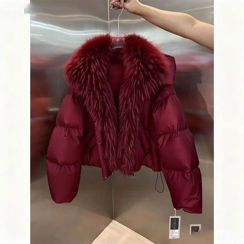 秋冬新款酒红色鸭绒羽绒服休闲欧货派克服保暖加厚