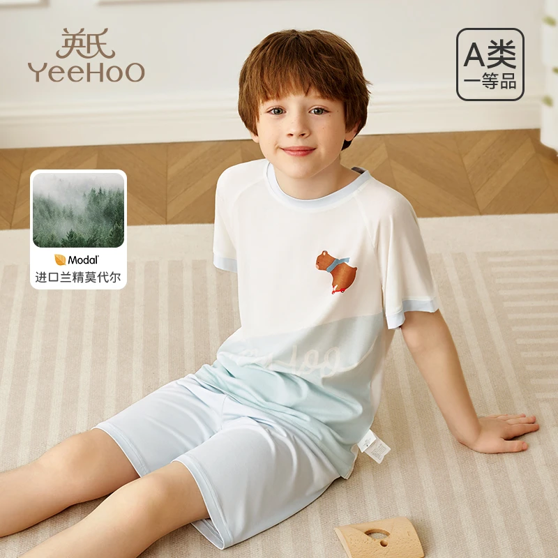 英氏夏季新款莫代尔降温可外穿空调服儿童短袖睡衣套装M家居服